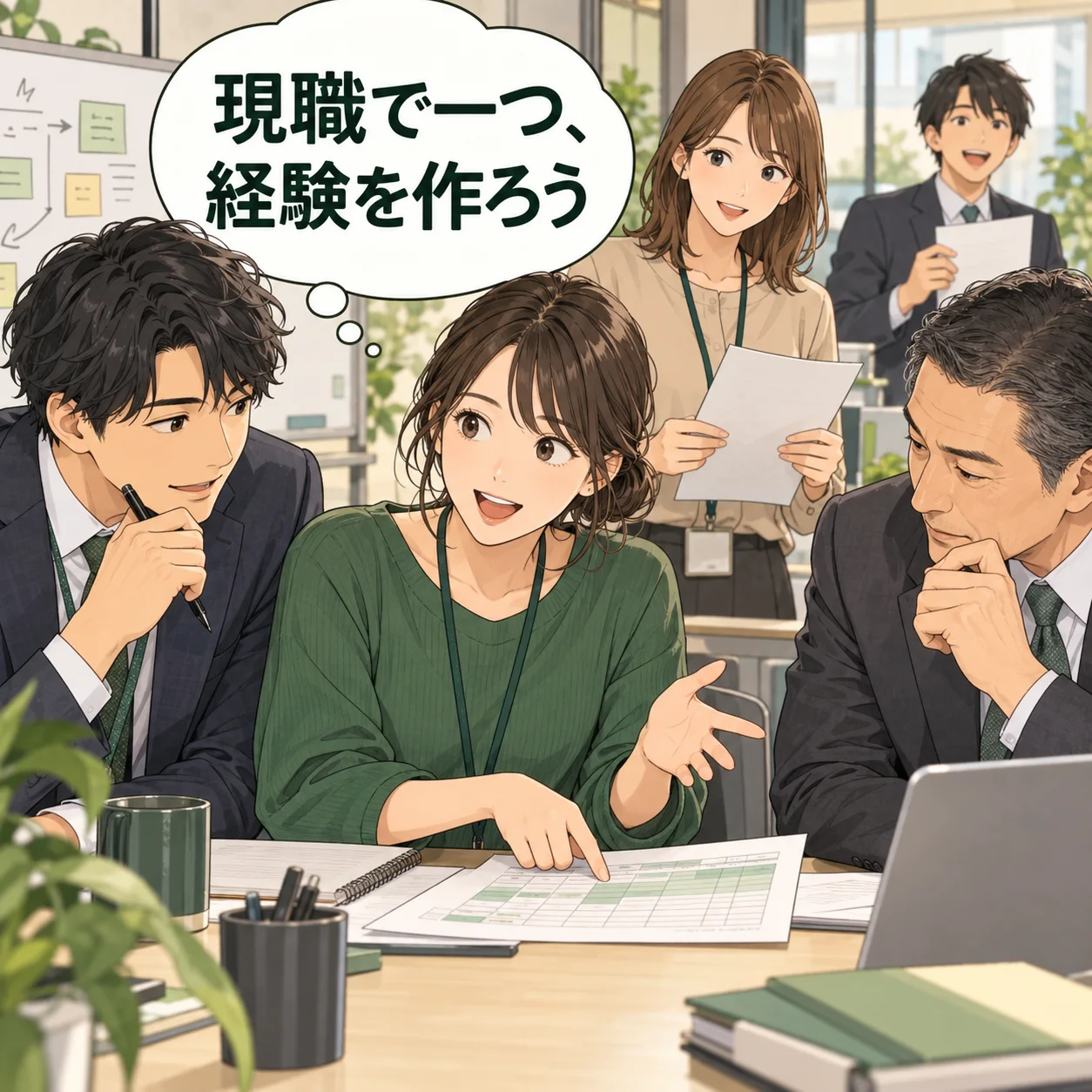 真央が営業担当と社内の振り返り表の試作を相談し、上司へ使えるデータと週の作業時間を確認する。 吹き出し「現職で一つ、経験を作ろう」。AI生成の架空例。