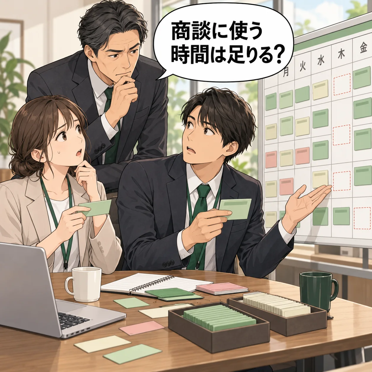 チームが必要商談の予定カードを月間カレンダーへ置くが、一部が空き枠に入らず、上司へ調整を相談する。 吹き出し「商談に使う時間は足りる?」。AI生成の架空例。