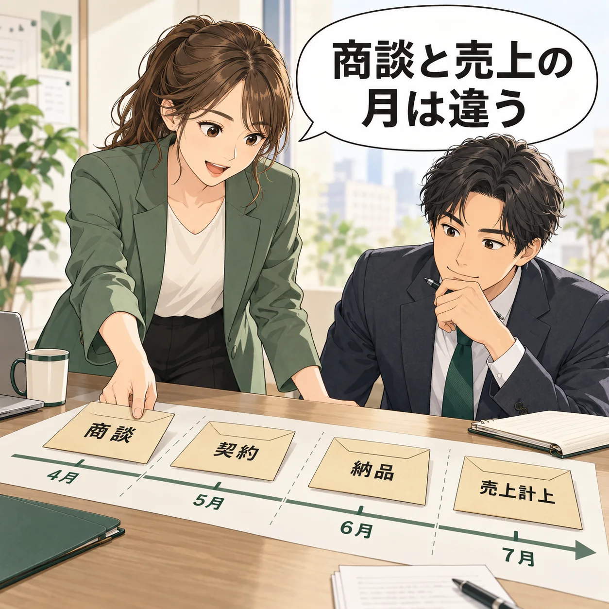 担当者が商談、契約、納品、売上計上の四つの封筒を月をまたぐ時間軸へ並べて確認する。 吹き出し「商談と売上の月は違う」。AI生成の架空例。