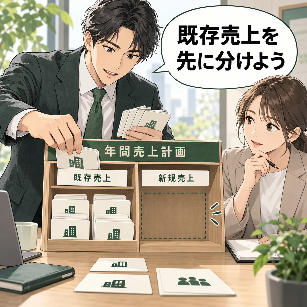 担当者が年間目標の棚から既存契約の売上カードを取り分け、残る新規売上の枠を指す。 吹き出し「既存売上を先に分けよう」。AI生成の架空例。