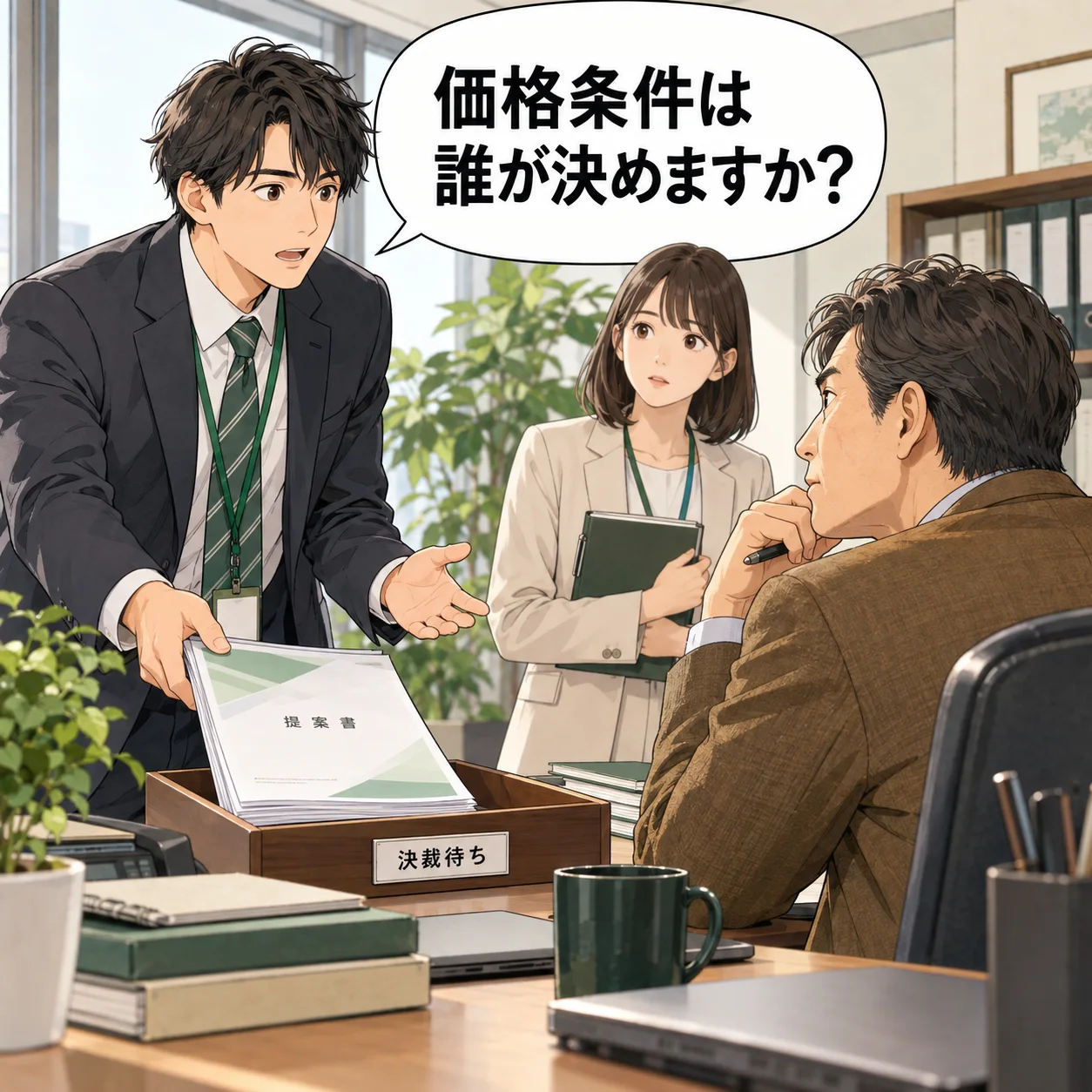 直樹が顧客への提案書を決裁待ちトレーへ置き、価格条件の判断者と期限を上司に尋ねる。 吹き出し「価格条件は誰が決めますか?」。AI生成の架空例。
