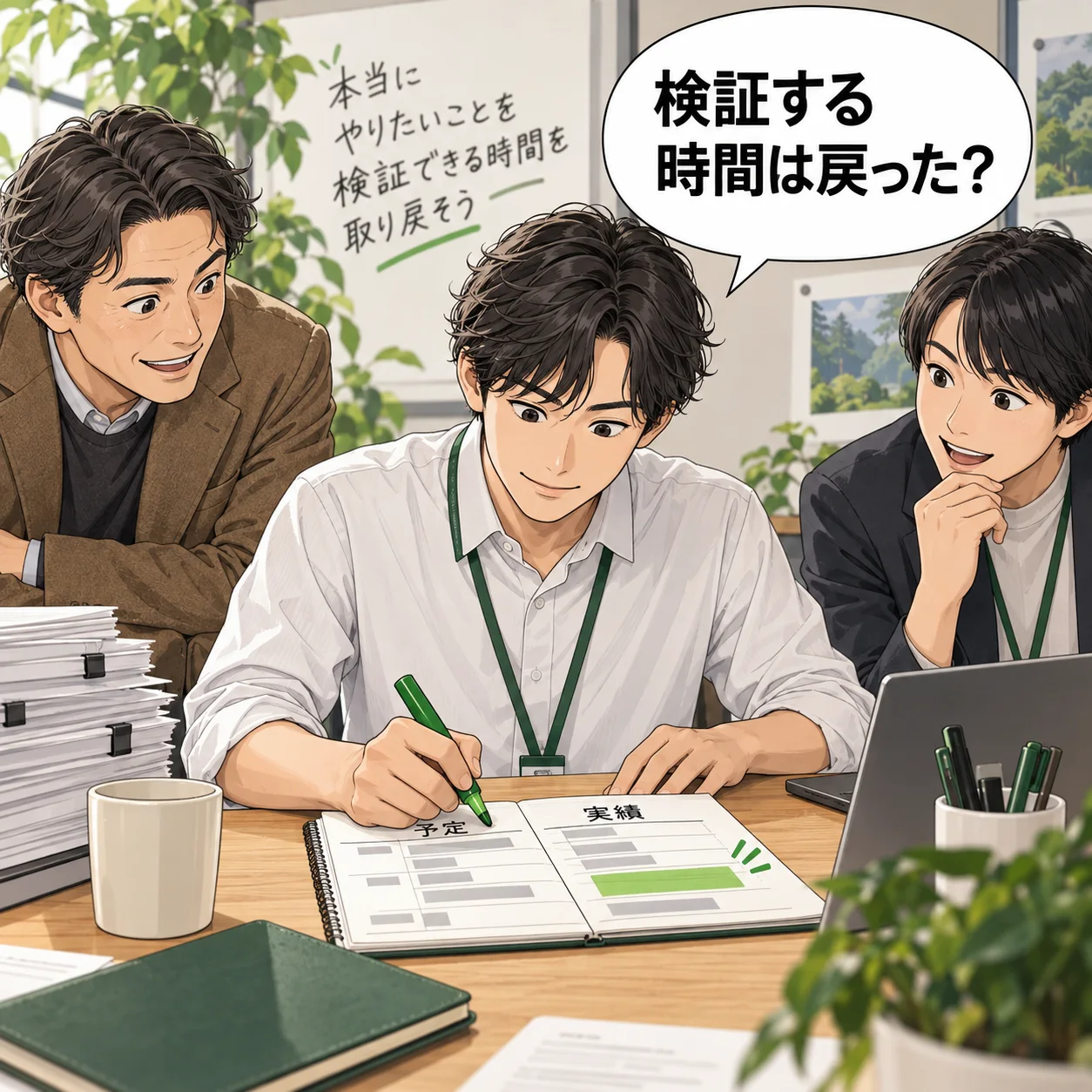 合意後の直樹が、報告作業を減らした予定と実績を照合し、確保した検証時間を別色で記録する。 吹き出し「検証する時間は戻った?」。AI生成の架空例。