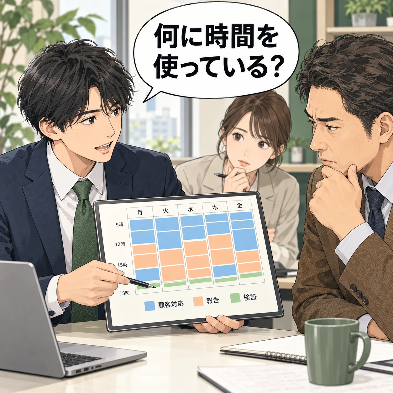 直樹が週間カレンダーの顧客対応・報告・検証を色分けし、検証の枠が細く残る状態を上司へ示す。 吹き出し「何に時間を使っている?」。AI生成の架空例。