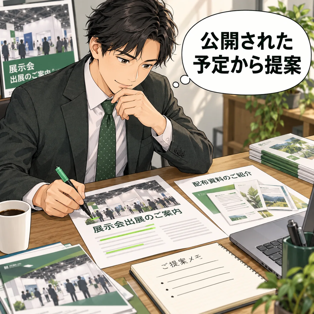 担当者が企業の公開された展示会出展案内と配布資料の見本を並べ、確認できた事実に線を引いて短い提案を作る。実在UIなし。 吹き出し「公開された予定から提案」。AI生成の架空例。