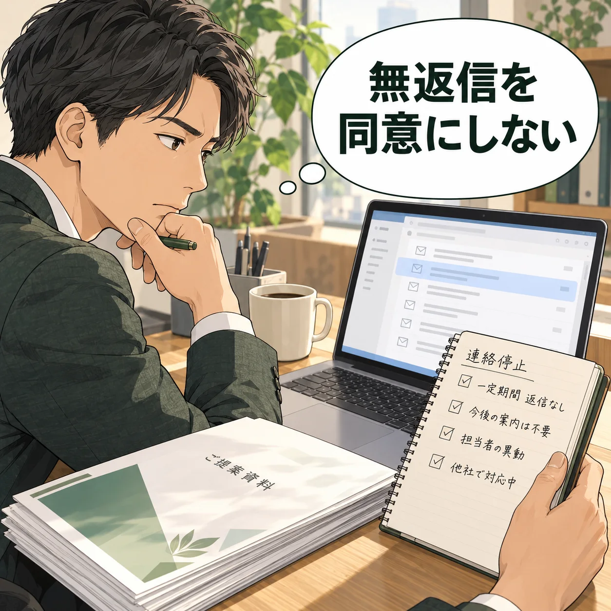 担当者が返信のないメールと連絡停止の管理メモを見比べ、追送を保留し送信条件を見直す。送信ボタンを押さない。 吹き出し「無返信を同意にしない」。AI生成の架空例。