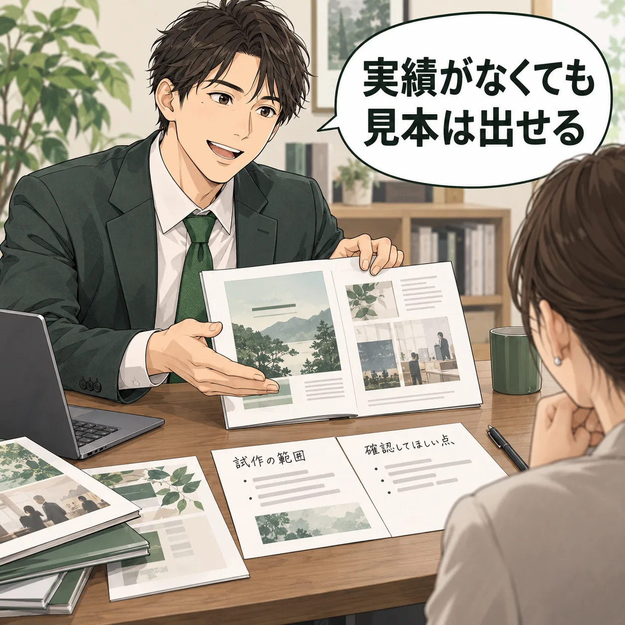 担当者が自社制作のサンプルを用意し、実績欄を盛らずに試作の範囲と確認してほしい点を書き添える。 吹き出し「実績がなくても見本は出せる」。AI生成の架空例。