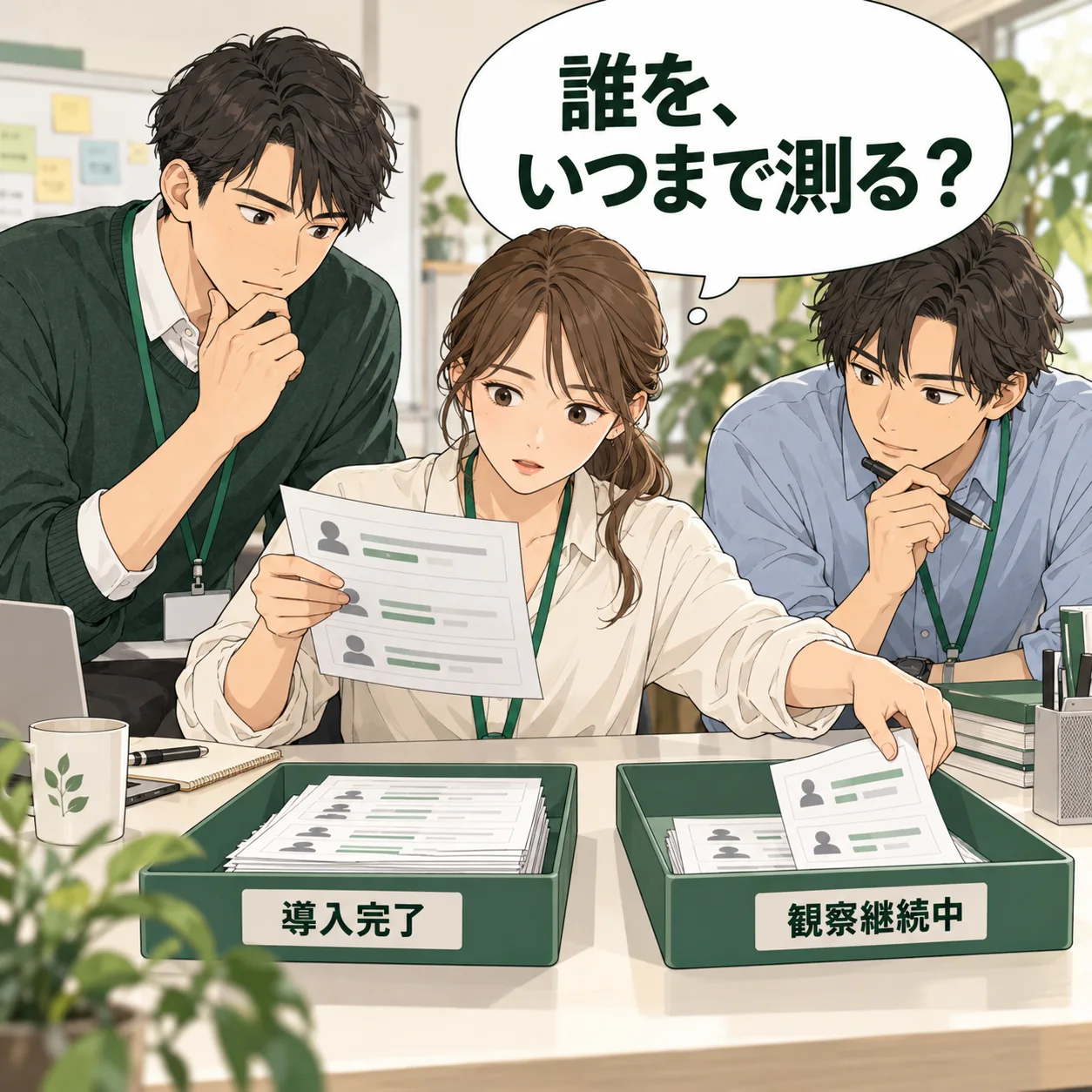 担当者が顧客の導入開始と完了日の記録を見比べ、観察期間がまだ終わっていない顧客を別トレーへ置く。 吹き出し「誰を、いつまで測る?」。AI生成の架空例。