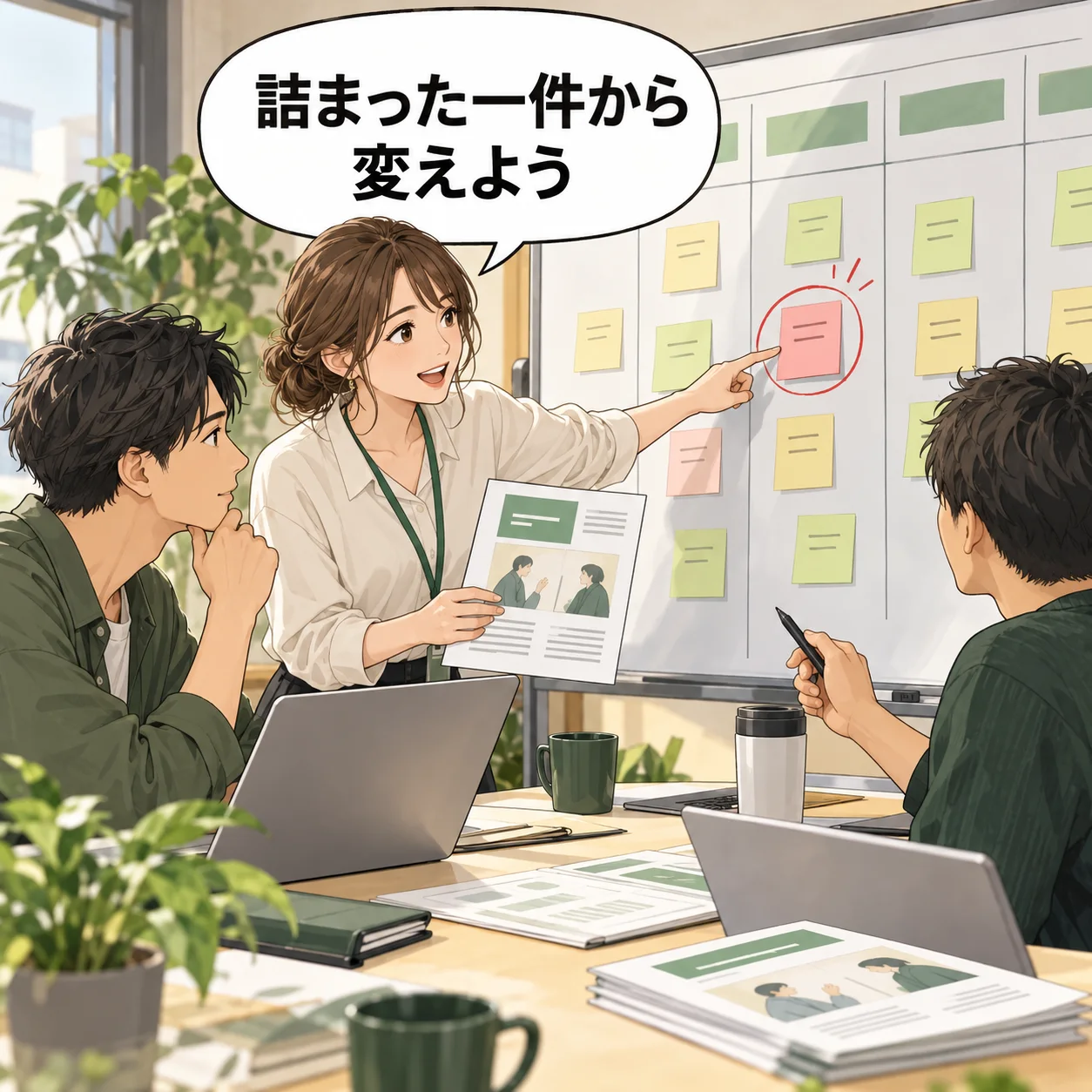チームが週次ボードで止まった導入の一件を選び、次に変える案内資料を小さく試す担当を決める。 吹き出し「詰まった一件から変えよう」。AI生成の架空例。