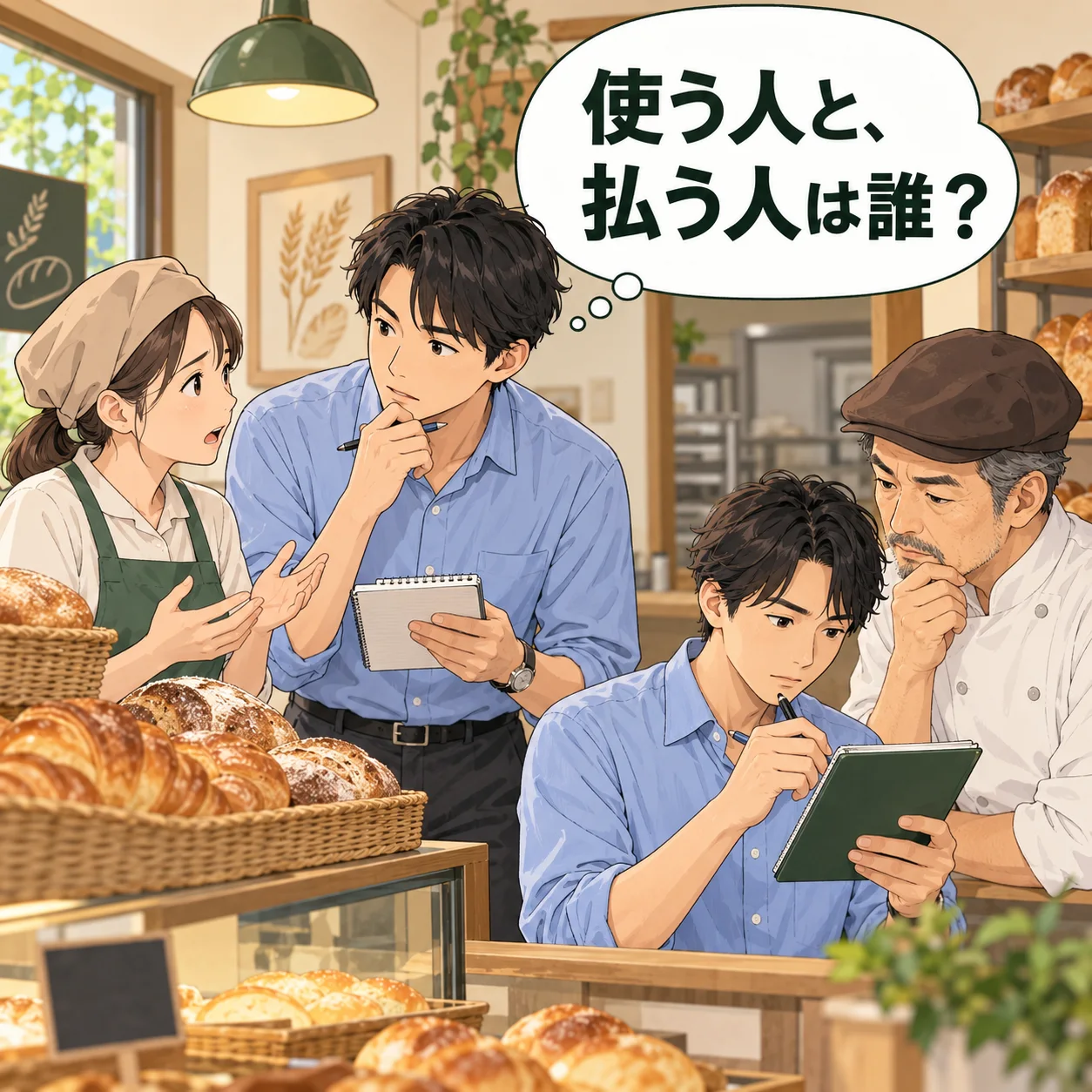 健がパン店の店員に利用の困りごとを聞いた後、店主の予算と判断を別のメモで確認する。 吹き出し「使う人と、払う人は誰?」。AI生成の架空例。