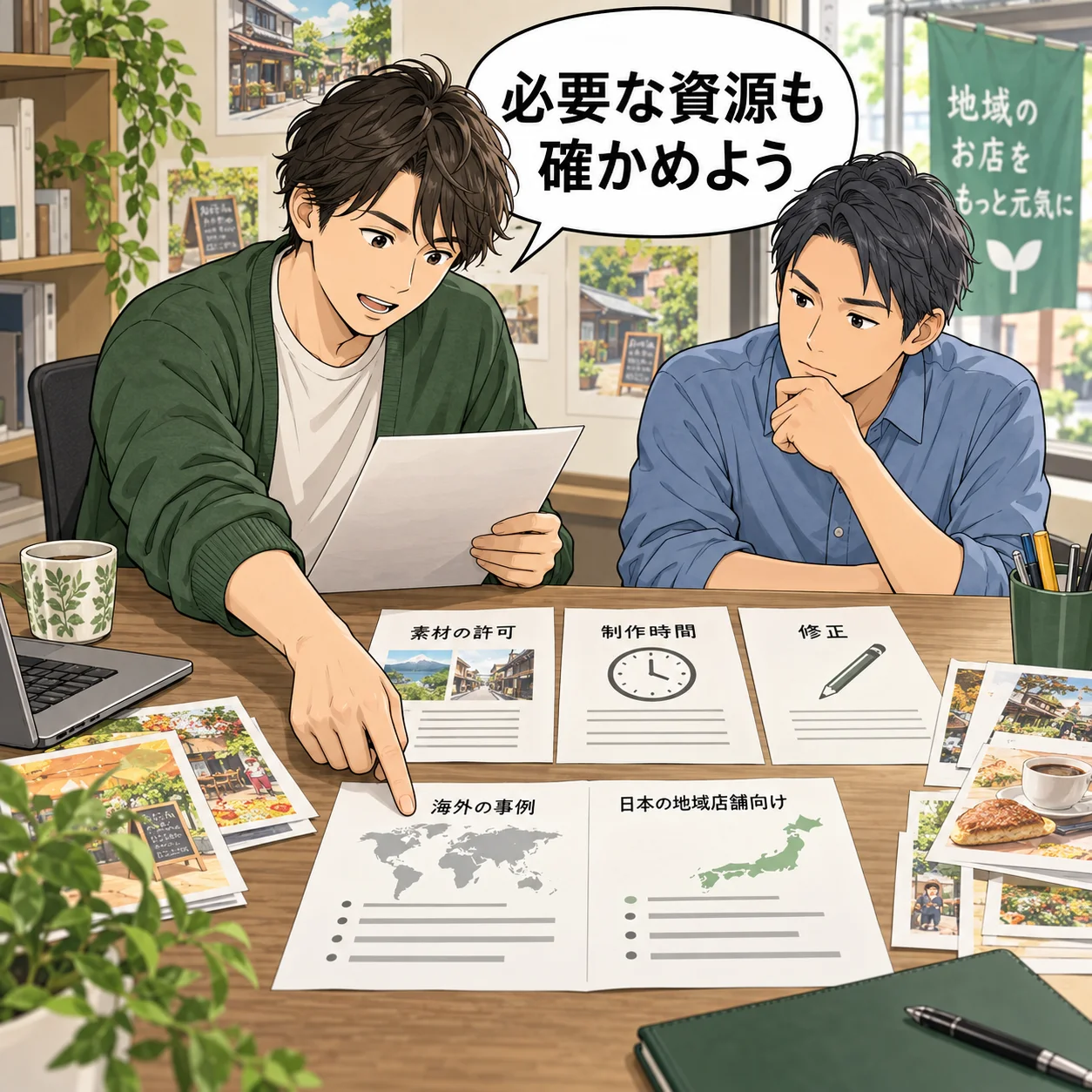 健がチラシ制作の机に素材の許可・制作時間・修正の書類を並べ、海外事例との条件の違いを指す。 吹き出し「必要な資源も確かめよう」。AI生成の架空例。