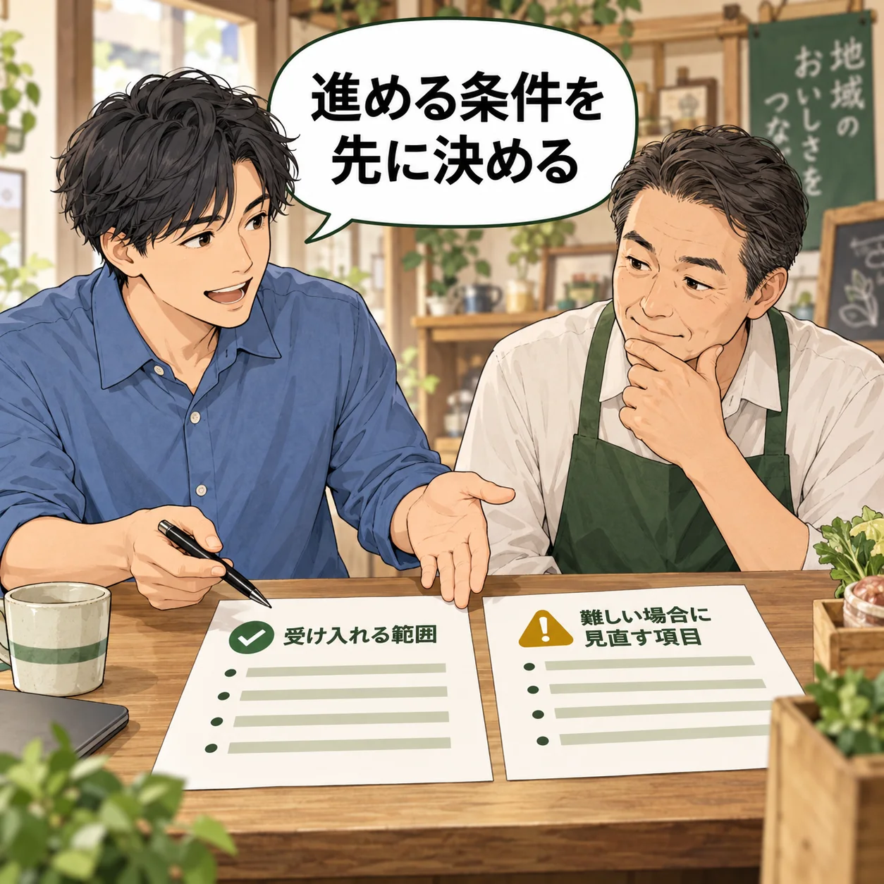 最初の小さな有料テストを検討する健と店主が、受け入れる範囲と、難しい場合に見直す項目の二枚の紙を合意前に確認する。 吹き出し「進める条件を先に決める」。AI生成の架空例。