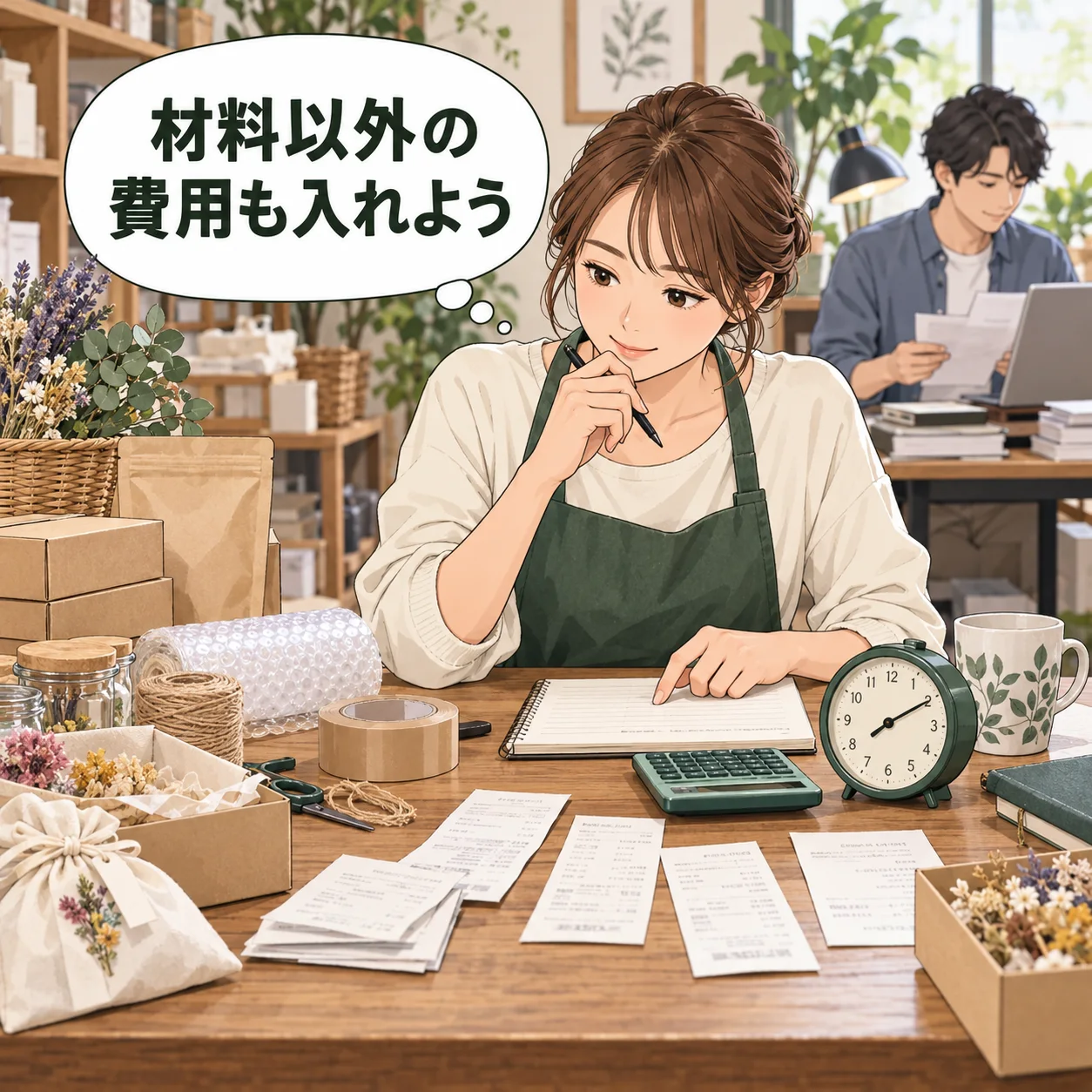 女性事業者が商品の材料・梱包材・販売手数料の記録・作業時計を同じ机へ並べ、費用の抜けを点検する。 吹き出し「材料以外の費用も入れよう」。AI生成の架空例。