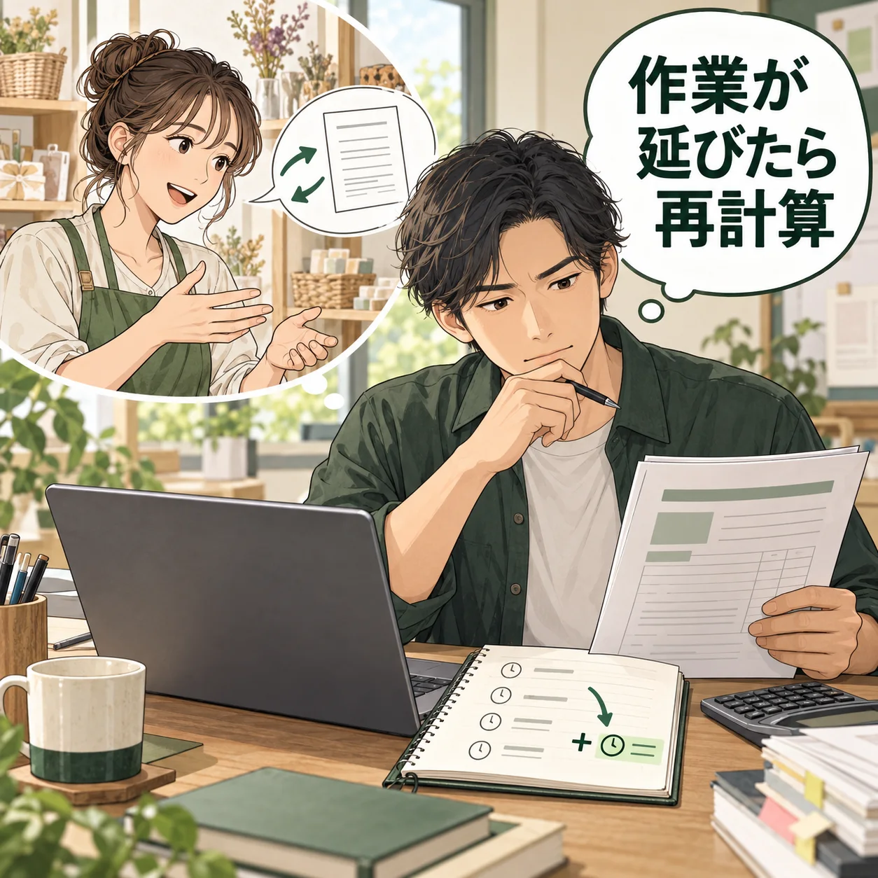 男性の資料制作者が修正依頼で増えた作業時間をタイムログへ追加し、当初の見積条件と比べる。 吹き出し「作業が延びたら再計算」。AI生成の架空例。