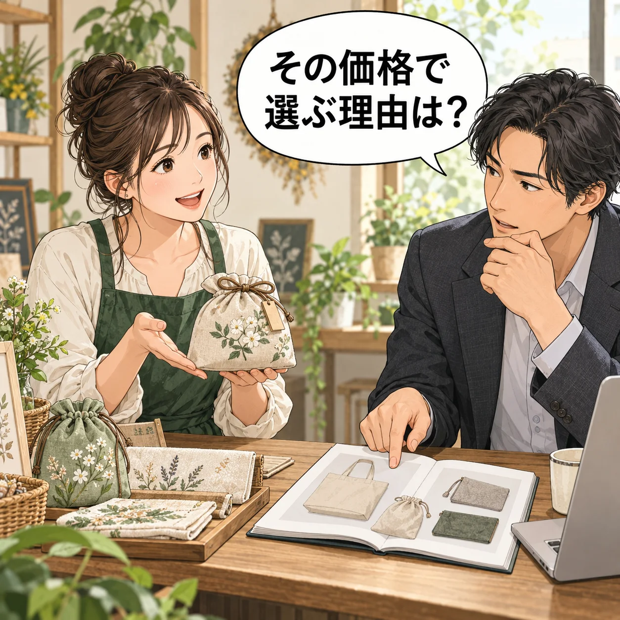 女性事業者が完成品と価格の案を顧客へ示し、顧客が必要な用途と比較する代替品を話す。購入成立は描かない。 吹き出し「その価格で選ぶ理由は?」。AI生成の架空例。