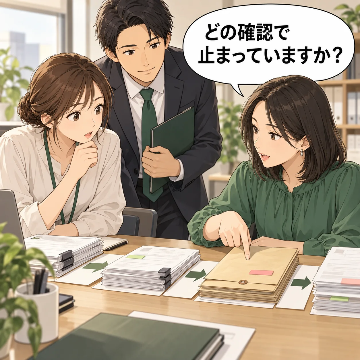 咲が顧客の経理担当と月末の請求の紙の流れを並べ、確認待ちの封筒を指して話を聞く。 吹き出し「どの確認で止まっていますか?」。AI生成の架空例。