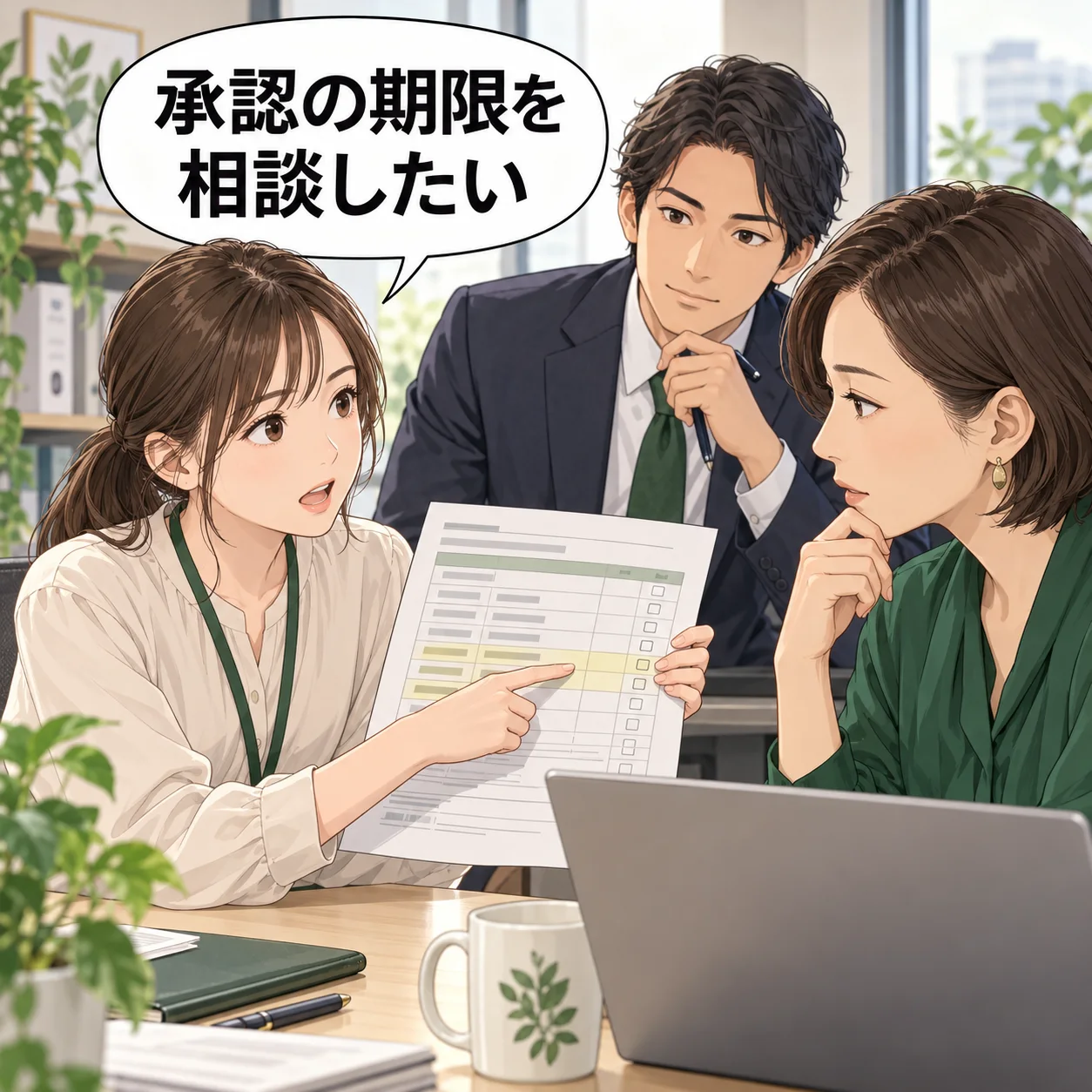 咲が承認待ちの試験条件の紙を上司へ示し、顧客へまだ約束していない項目を指して判断期限を相談する。 吹き出し「承認の期限を相談したい」。AI生成の架空例。