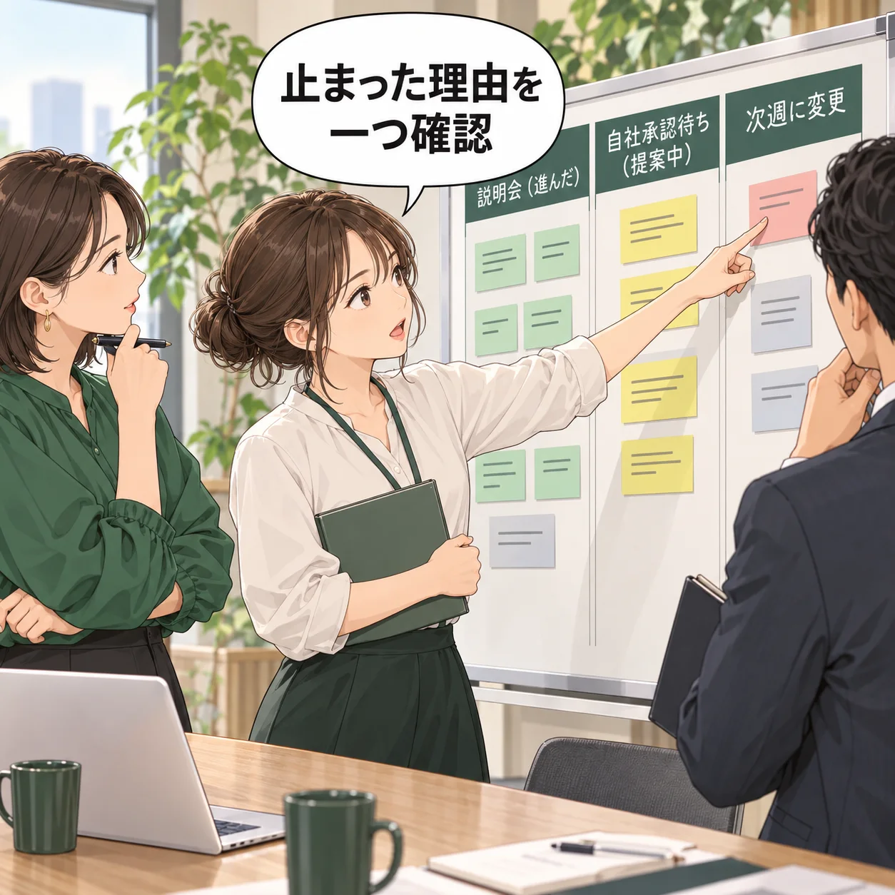 咲が週次の案件ボードで、進んだ説明会と自社承認待ちの提案を分け、次週に変える一項目を指す。 吹き出し「止まった理由を一つ確認」。AI生成の架空例。