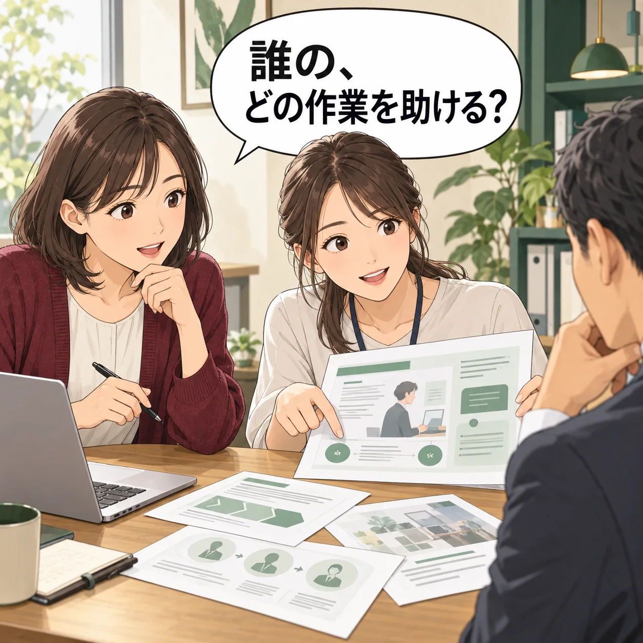 美穂が小さな法人向けサービスの事業者に、繰り返す商談資料の修正場面を聞き、説明用の資料見本を一緒に見る。 吹き出し「誰の、どの作業を助ける?」。AI生成の架空例。