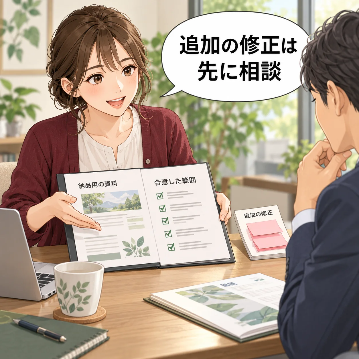美穂が納品用の資料と合意した範囲のチェックを依頼者へ示し、追加修正の付箋を別に置いて相談する。 吹き出し「追加の修正は先に相談」。AI生成の架空例。