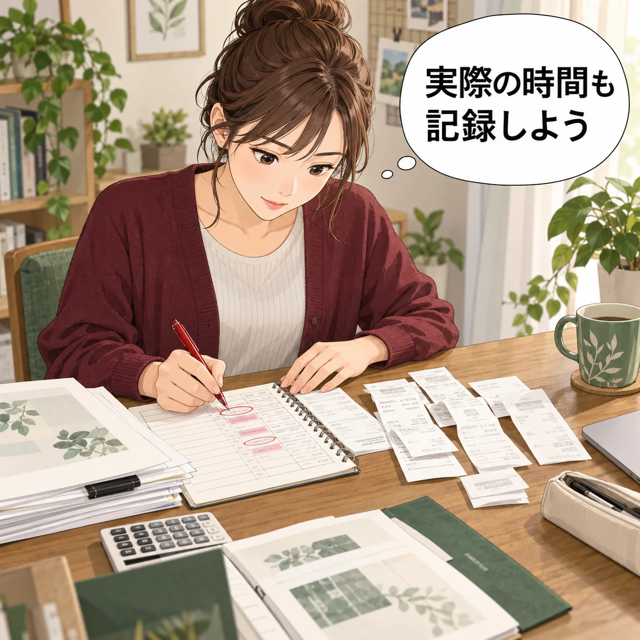 納品後の美穂が作業時間の記録と費用のレシートを机で並べ、予定を超えた修正時間へ印を付ける。 吹き出し「実際の時間も記録しよう」。AI生成の架空例。