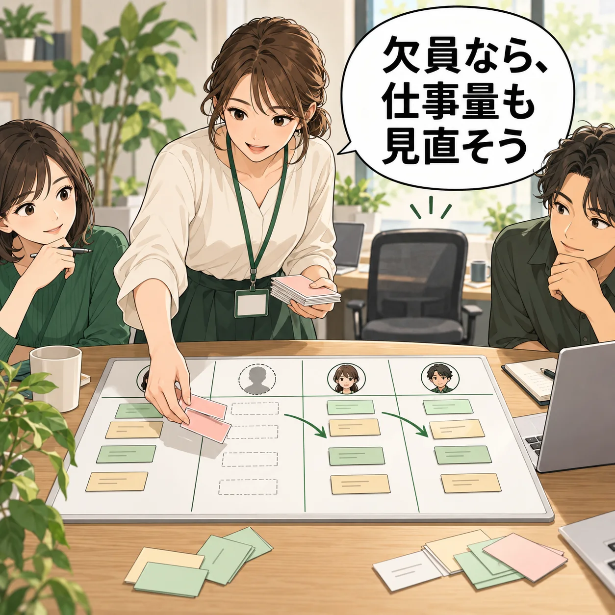 健の席が空いたチームで、遥が予定カードを減らし、残るメンバーの空き枠へ入る仕事だけを再配置する。 吹き出し「欠員なら、仕事量も見直そう」。AI生成の架空例。