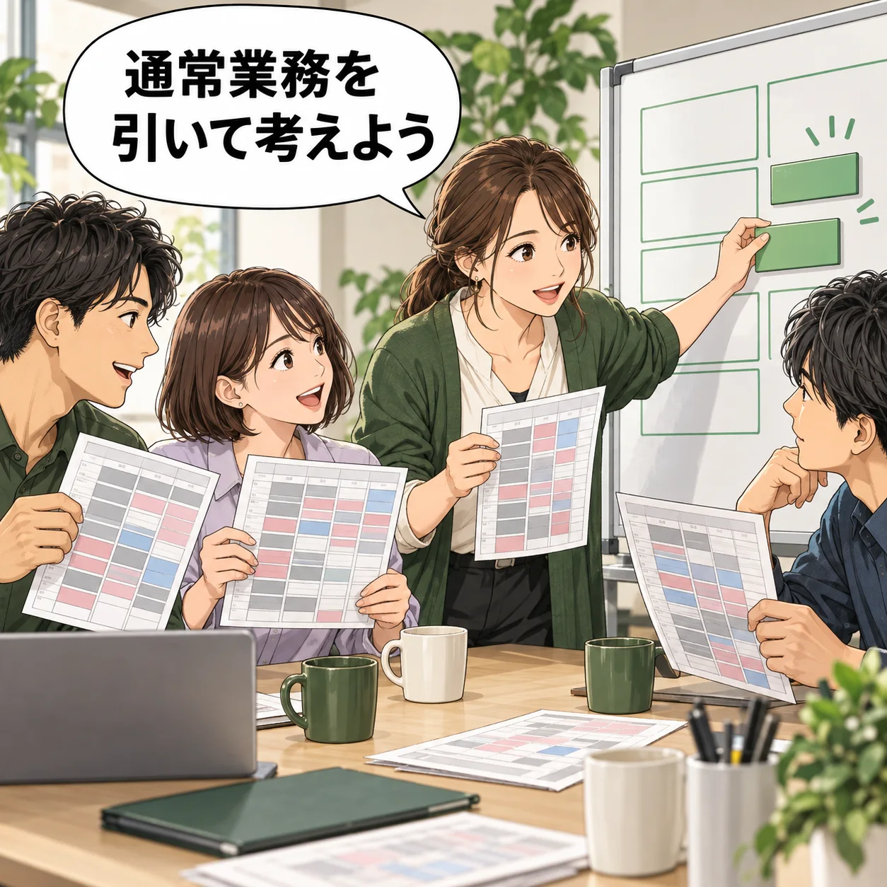 4人が通常業務の埋まった予定を並べ、改善作業へ使える空き枠だけを共通ボードへ移す。 吹き出し「通常業務を引いて考えよう」。AI生成の架空例。