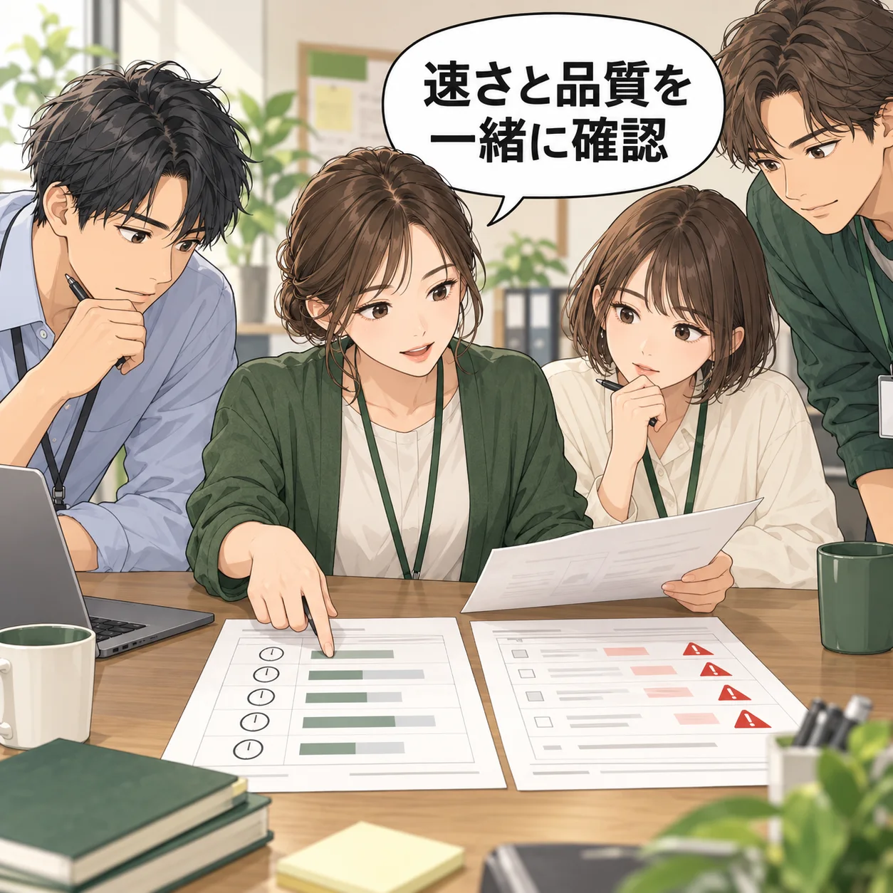 担当者が短くなった処理時間の記録と、不備があった書類の記録を並べ、両方を確認する。上昇グラフなし。 吹き出し「速さと品質を一緒に確認」。AI生成の架空例。
