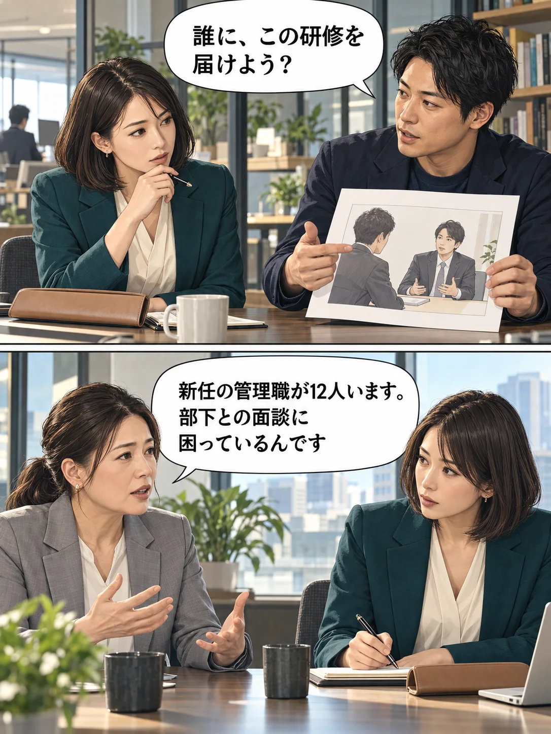 架空のGTM事例。研修会社で営業先を考え、人事担当者から「新任管理職12人が部下との面談に困っている」と聞く2場面。