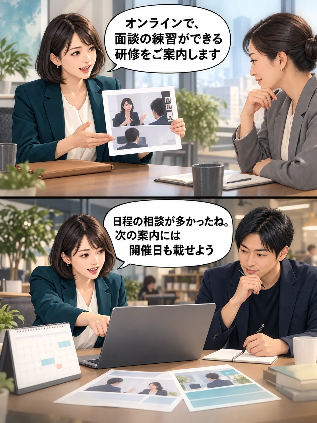架空のGTM事例。オンライン面談研修を提案し、その後に多かった日程の質問を次の案内へ反映する2場面。
