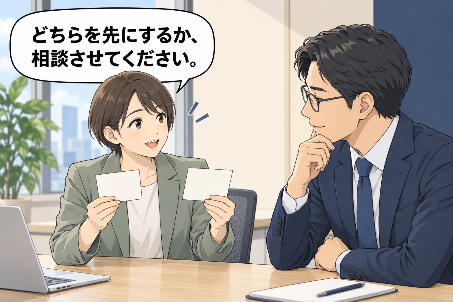 明るい小会議室で、美咲(短髪の女性、セージジャケット)が上司森(眼鏡の男性、紺ジャケット)に二枚の無地の作業カードを示し優先順位を相談する。穏やかで対等な表情。吹き出しは女性美咲のみ。吹き出し「どちらを先にするか、 相談させてください。」。架空例のAI生成漫画。