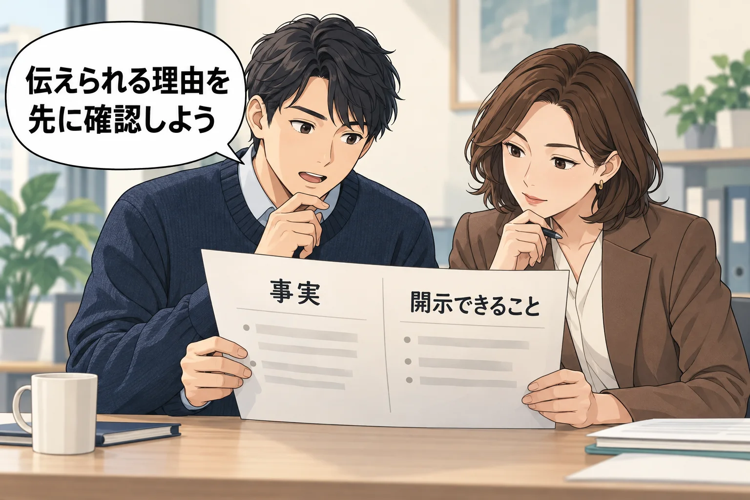 調達担当者が上司と選定結果メモを見て、「事実」と「伝えられる範囲」の二つを分けて確認する。机に見積書の束、会社名や金額は描かない。吹き出し「伝えられる理由を 先に確認しよう」。架空例のAI生成漫画。