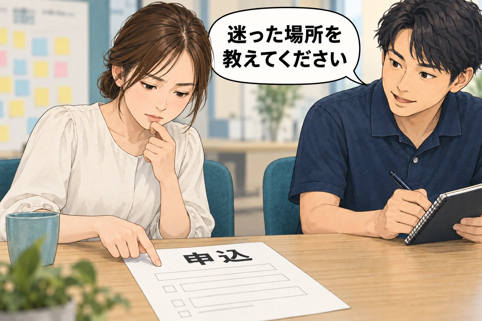 担当者が付箋だらけの壁から一枚だけを選び、紙の申込フォームを協力者に見てもらう。担当者は口を挟まず、相手が止まった場所をメモする。吹き出し「迷った場所を 教えてください」。架空例のAI生成漫画。