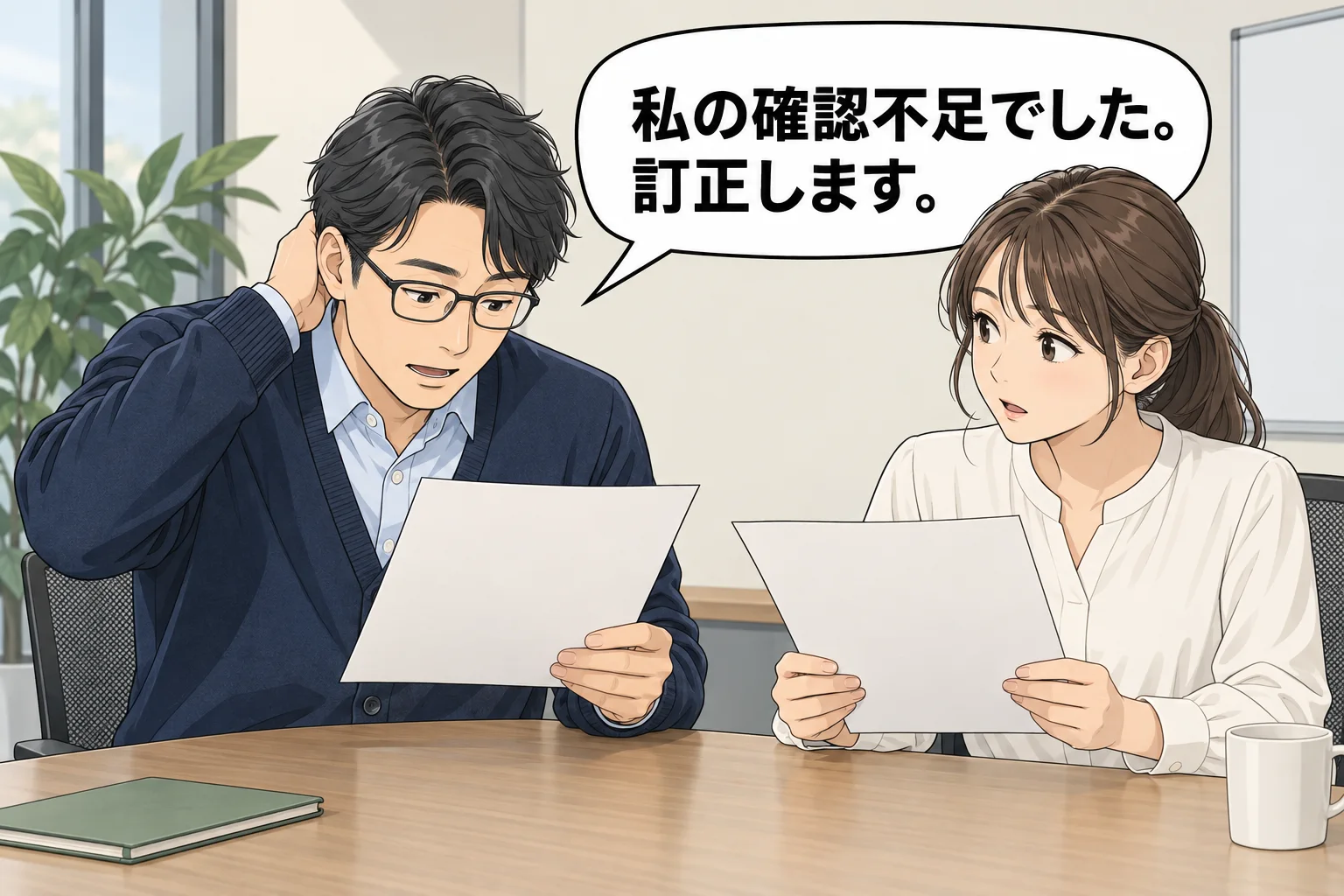 課長の森(眼鏡、紺のカーディガンの男性)が、担当の彩(白ブラウスの女性)と小会議室で同じメッセージ記録を確認。森は落ち着いて自分の思い違いを訂正。吹き出しは男性森の一つ。吹き出し「私の確認不足でした。 訂正します。」。架空例のAI生成漫画。