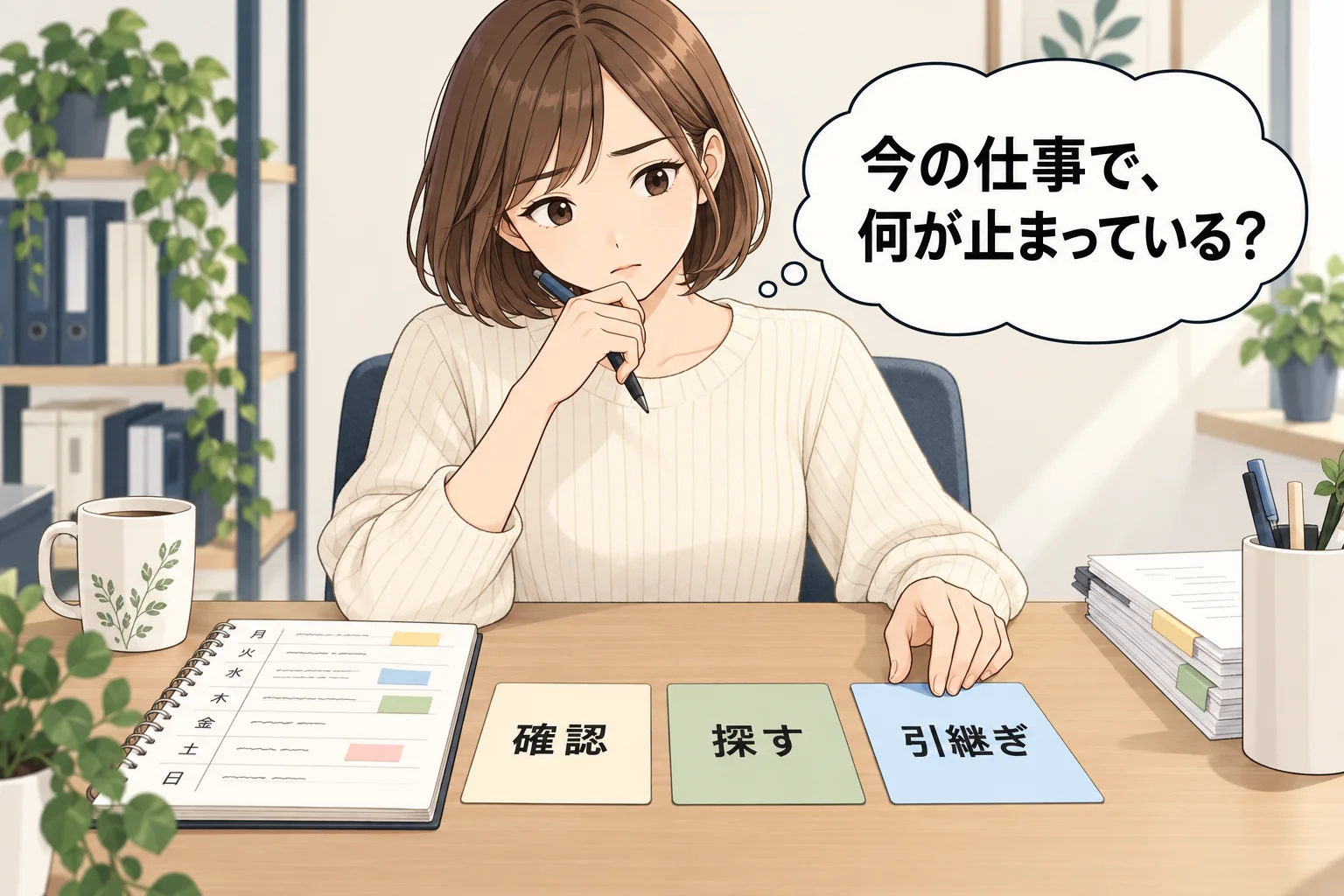 事務担当の真央(茶色のボブ、クリームニット)が一週間のメモを見て三つのカードへ整理する。カードの文字は「確認」「探す」「引継ぎ」のみ。自分の机、顔と手元が見える。吹き出し「今の仕事で、何が止まっている?」。架空例のAI生成漫画。