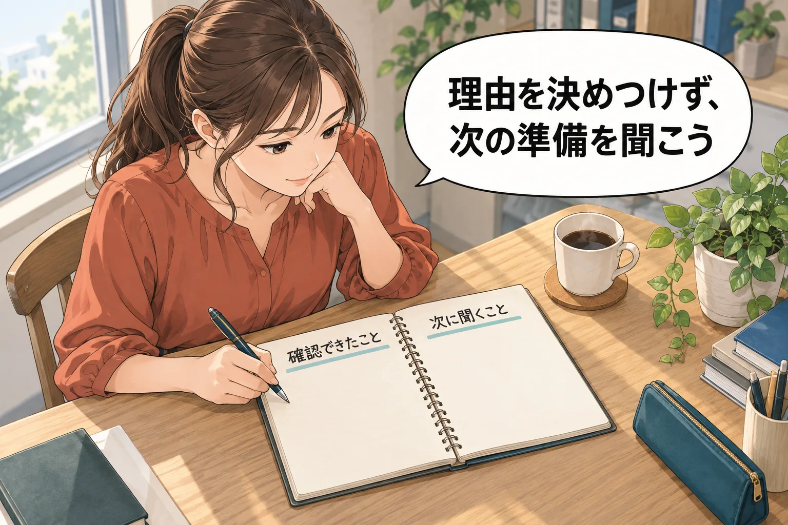 真央が机で人事への短い問い合わせ文を作る。手元に募集要件と自分の実績のメモ。。吹き出し「確認できることから 聞いてみよう」。架空例のAI生成漫画。