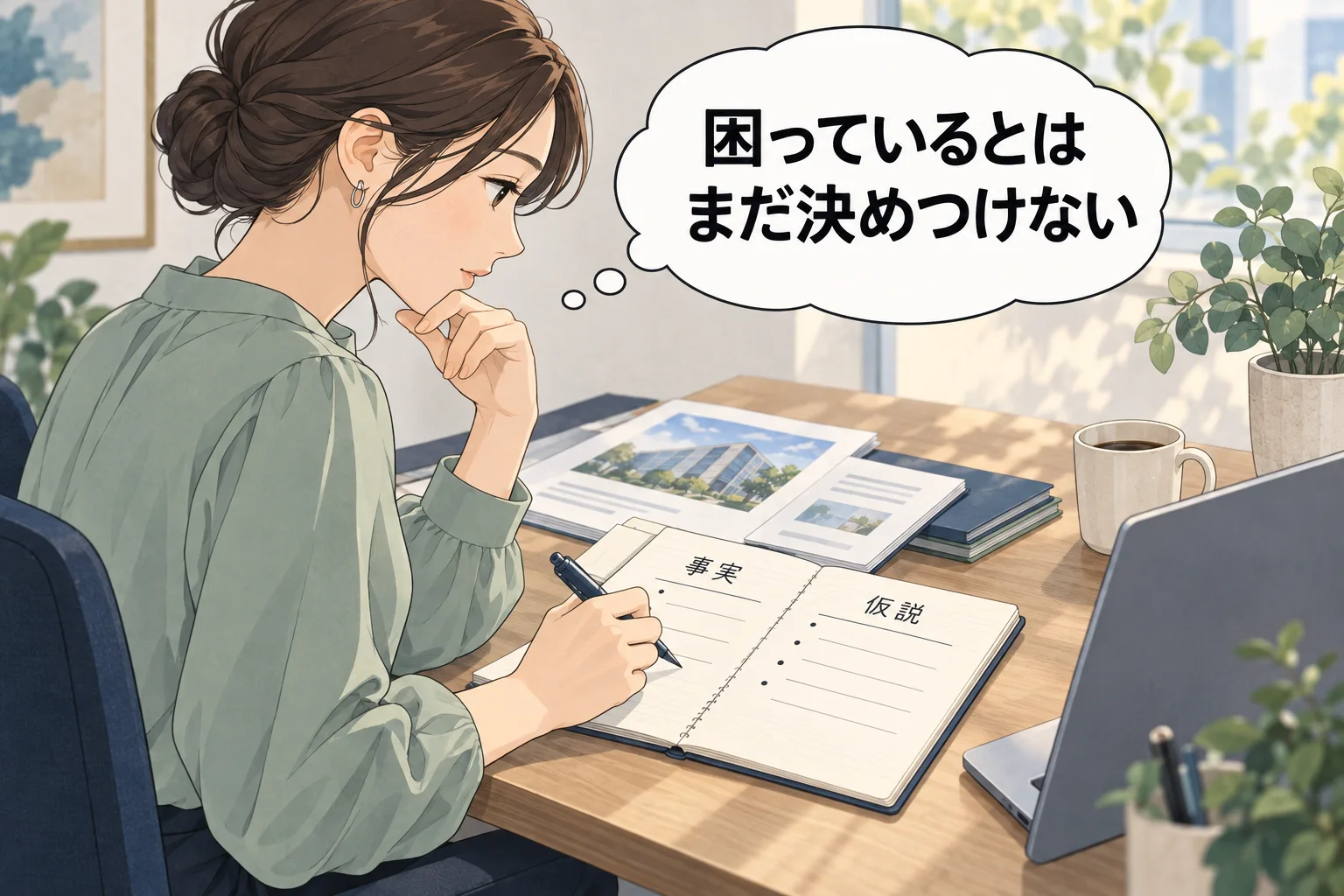 営業担当の女性が会社の公開イベント案内を見た後、手帳の「事実」と「仮説」を別の欄に書く。ディスプレイは後ろ向き、実在UIなし。吹き出し「困っているとは まだ決めつけない」。架空例のAI生成漫画。