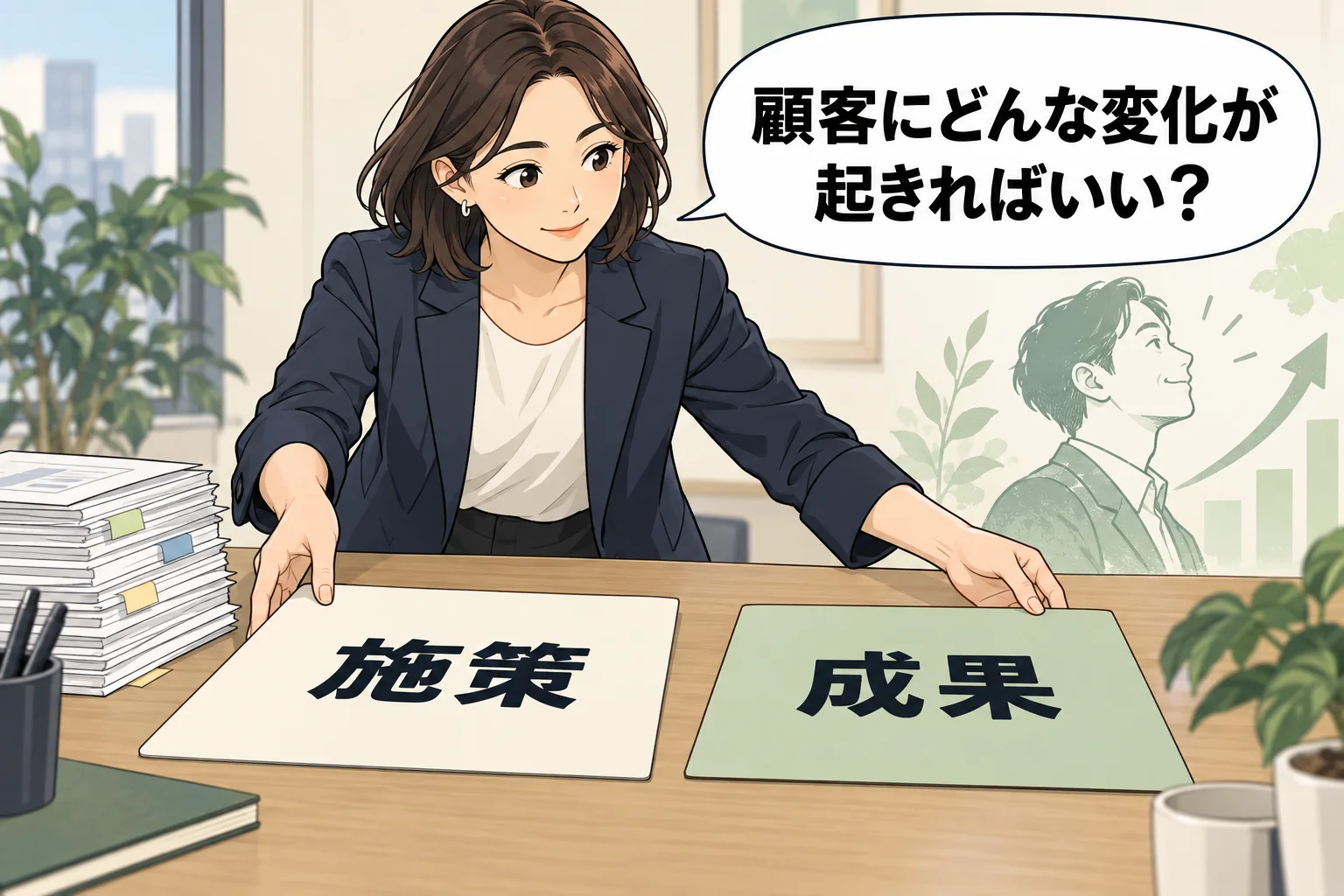 導入支援の女性リーダーが、白い大きなカード二枚を横に並べ、左の完成したマニュアル束から右の顧客が操作を終えるイメージへ指を移す。左カードに「施策」、右カードに「成果」。吹き出しは女性一つ。吹き出し「顧客にどんな変化が 起きればいい?」。架空例のAI生成漫画。