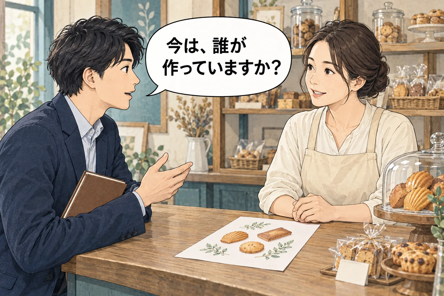 地域の焼菓子店で、起業希望者が店主へ新しい販促物を描いた見本を見せ、いま誰が作っているかを尋ねる。未購入の反応と受注を混同しない場面。吹き出し「今は、誰が 作っていますか?」。架空例のAI生成漫画。