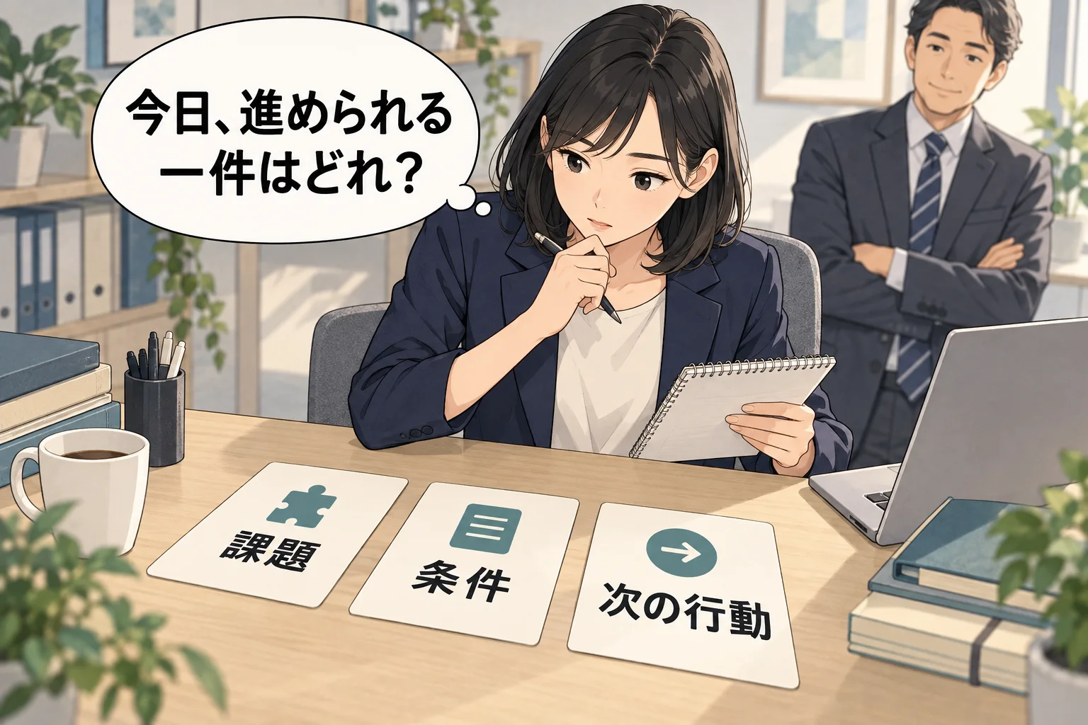 営業担当の咲が顧客メモを見ながら、今日する三つの作業をカードへ書く。上司が横で顧客の困りごとの確認欄を指す。吹き出し「今日、進められる 一件はどれ?」。架空例のAI生成漫画。