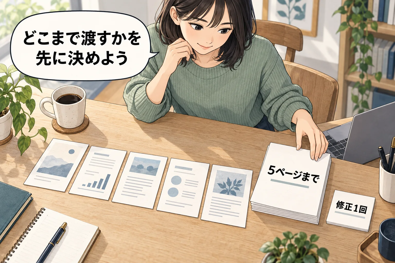 美穂が5ページまで・修正1回の条件を書いた紙を机に並べ、納品する範囲を確かめる。。吹き出し「どこまで渡すかを 先に決めよう」。架空例のAI生成漫画。