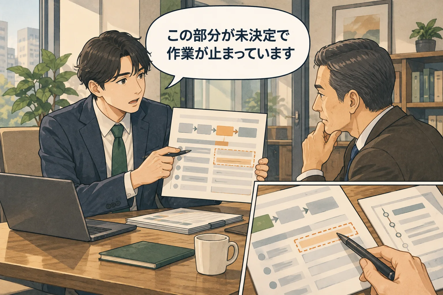 再相談しても進まない場合は、未決定事項と業務への影響を適切な相談先へ伝えます。 架空の人物によるAI生成の解説漫画。