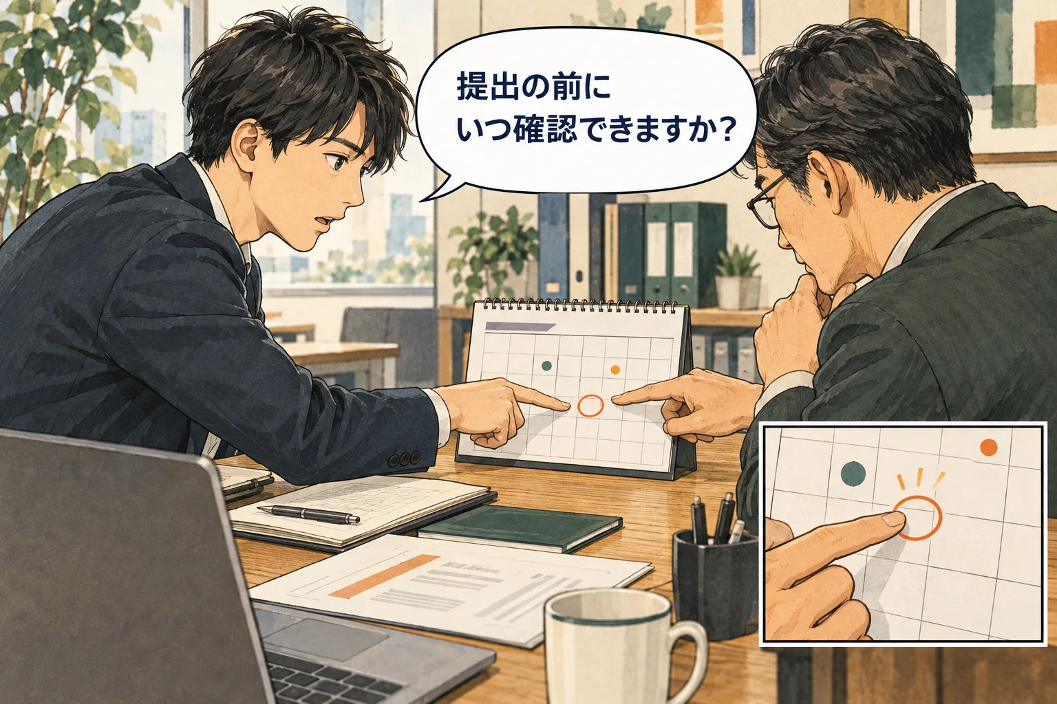 提出日だけでなく、判断を確かめる日も相談します。 架空の人物によるAI生成の解説漫画。