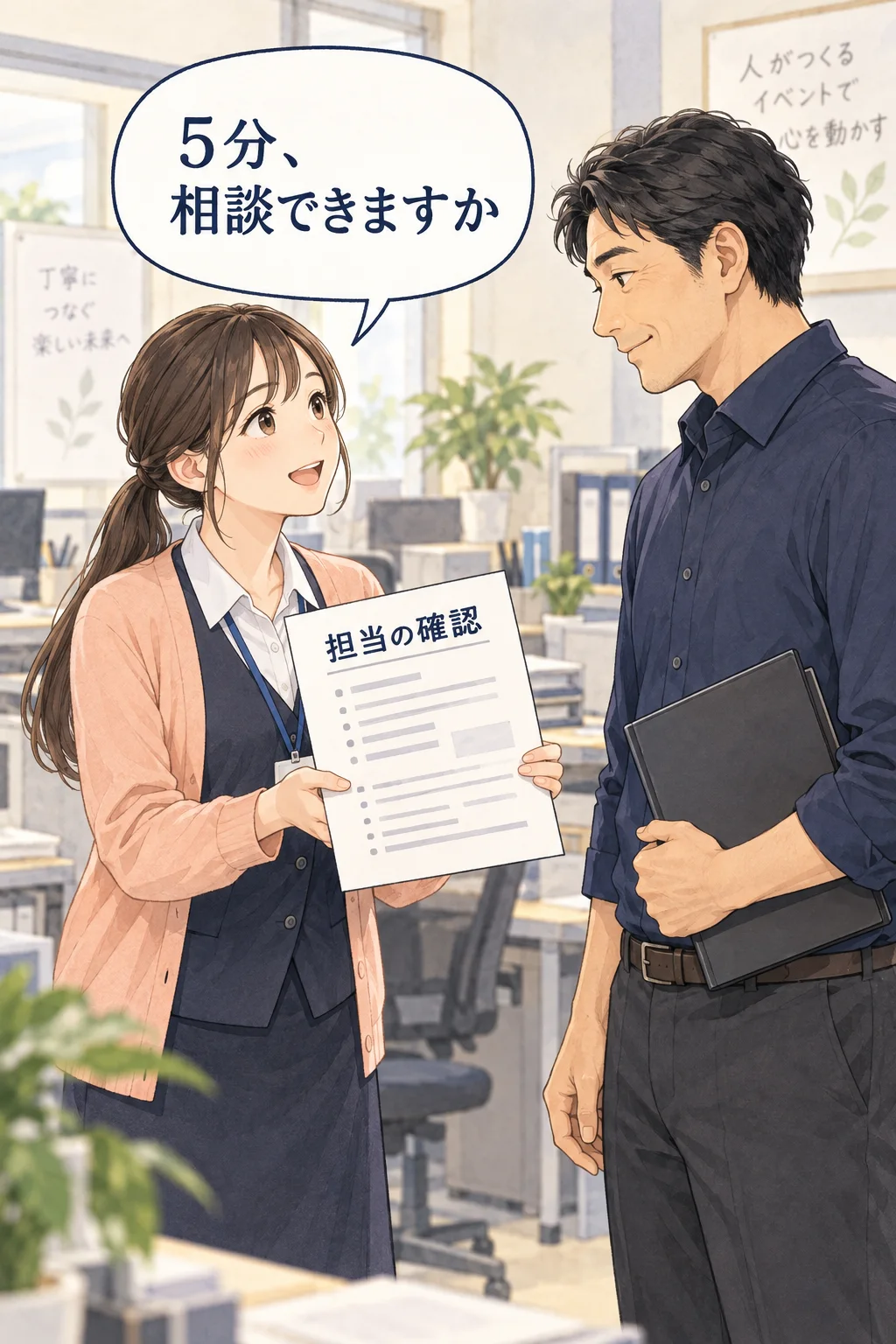 相談する用件と必要な時点をメモにし、短い時間を頼む架空の漫画