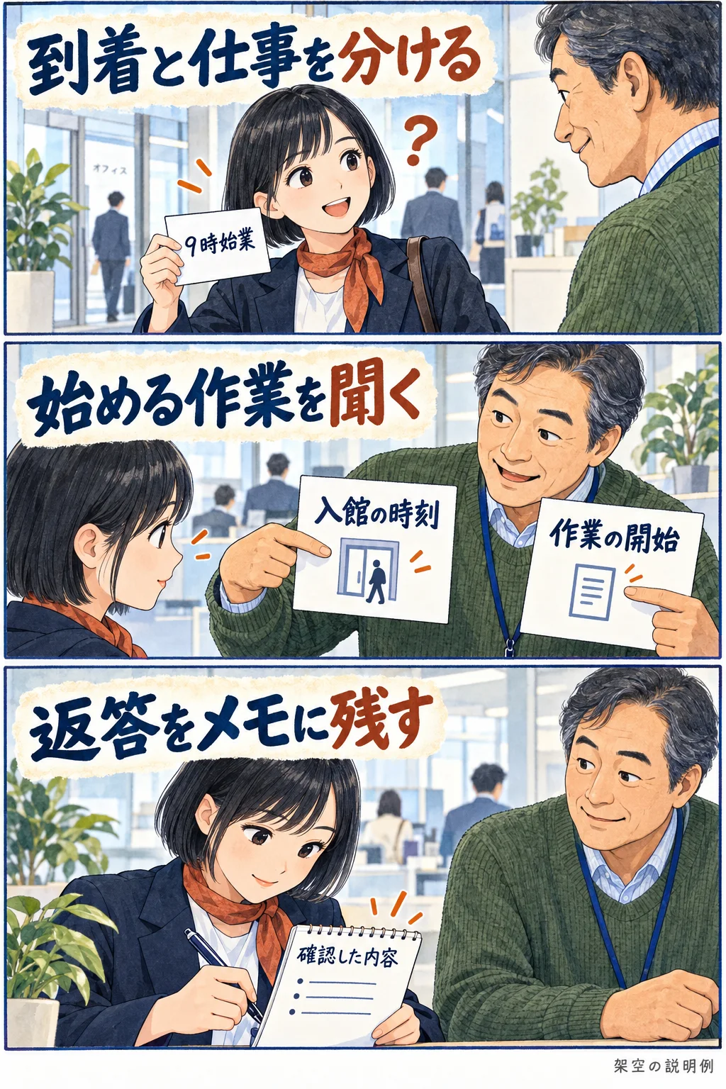初出勤の人が入館時刻と作業開始を分けて質問し、返答をメモに残す架空の漫画