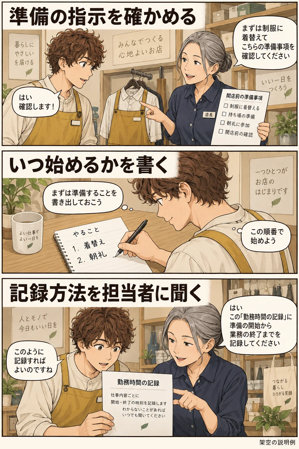 店舗の新人が着替え・朝礼の指示と開始時刻、記録方法を確認する架空の漫画