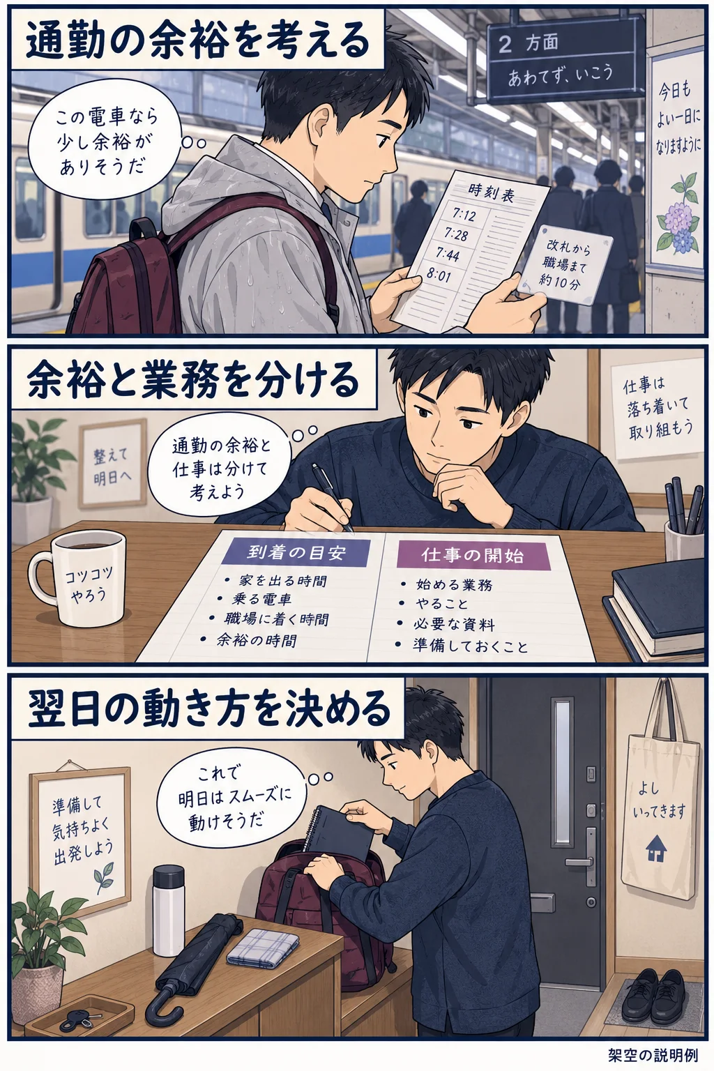 通勤の余裕と業務開始を別の欄へ整理して、翌日の行動を決める架空の漫画