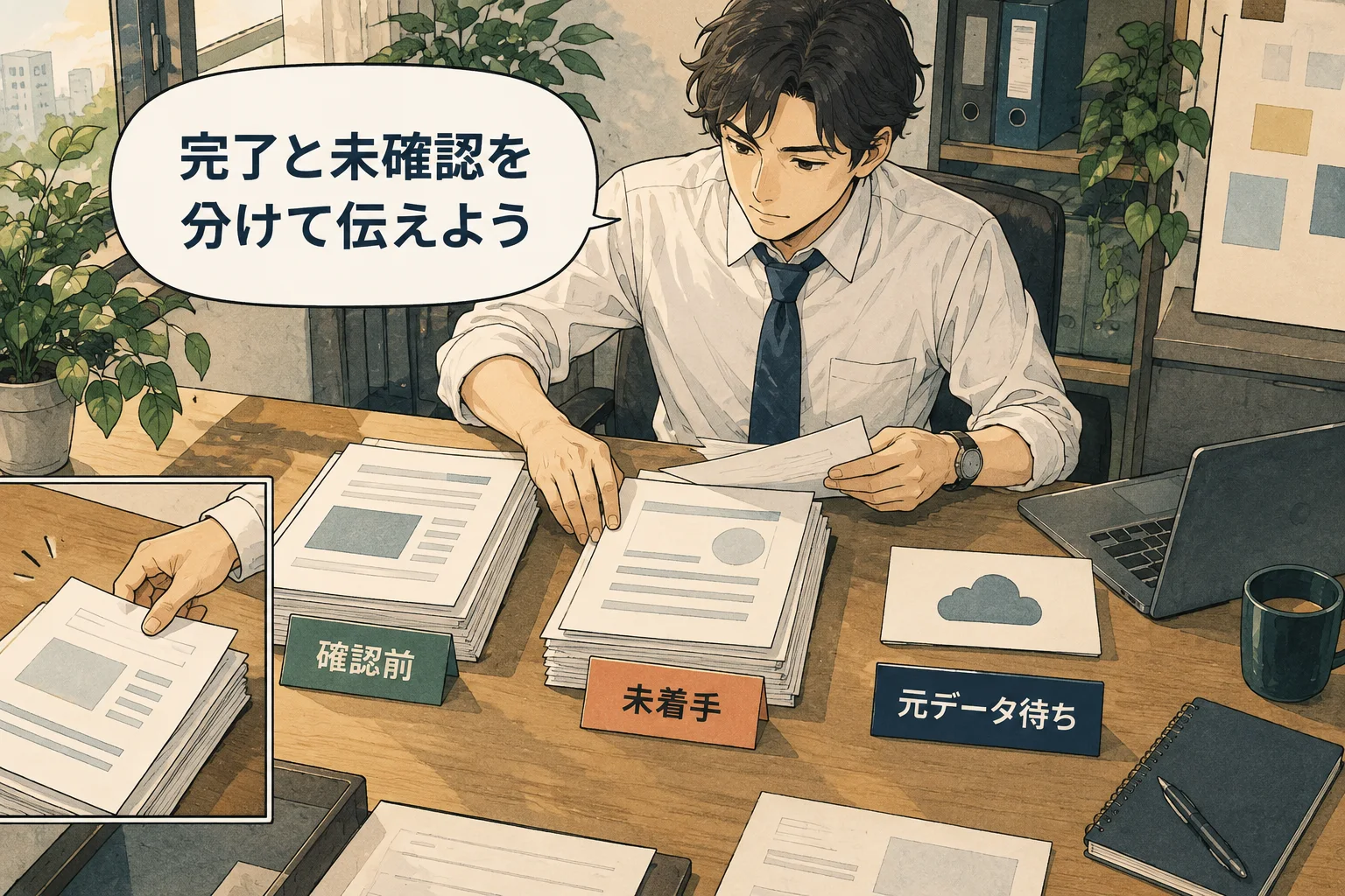 進捗率だけでなく、残る作業と、止まっている条件を整理します。 架空の人物によるAI生成の解説漫画。