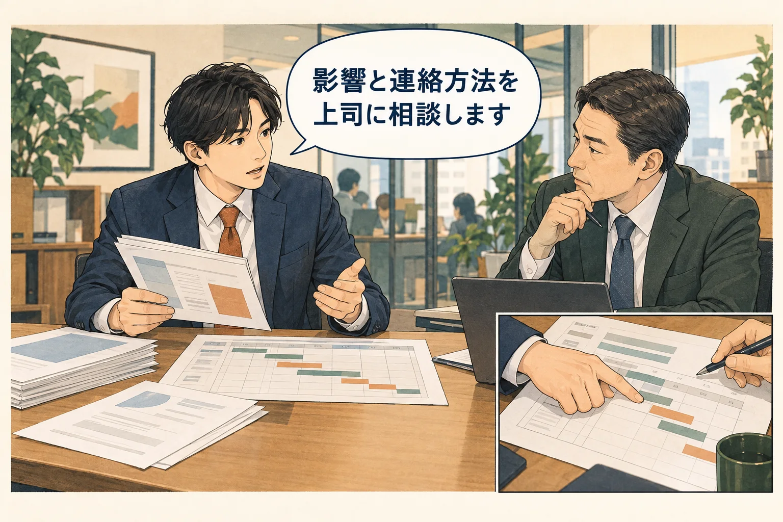 社外へ約束を変える前に、連絡の権限と調整案を確認します。 架空の人物によるAI生成の解説漫画。