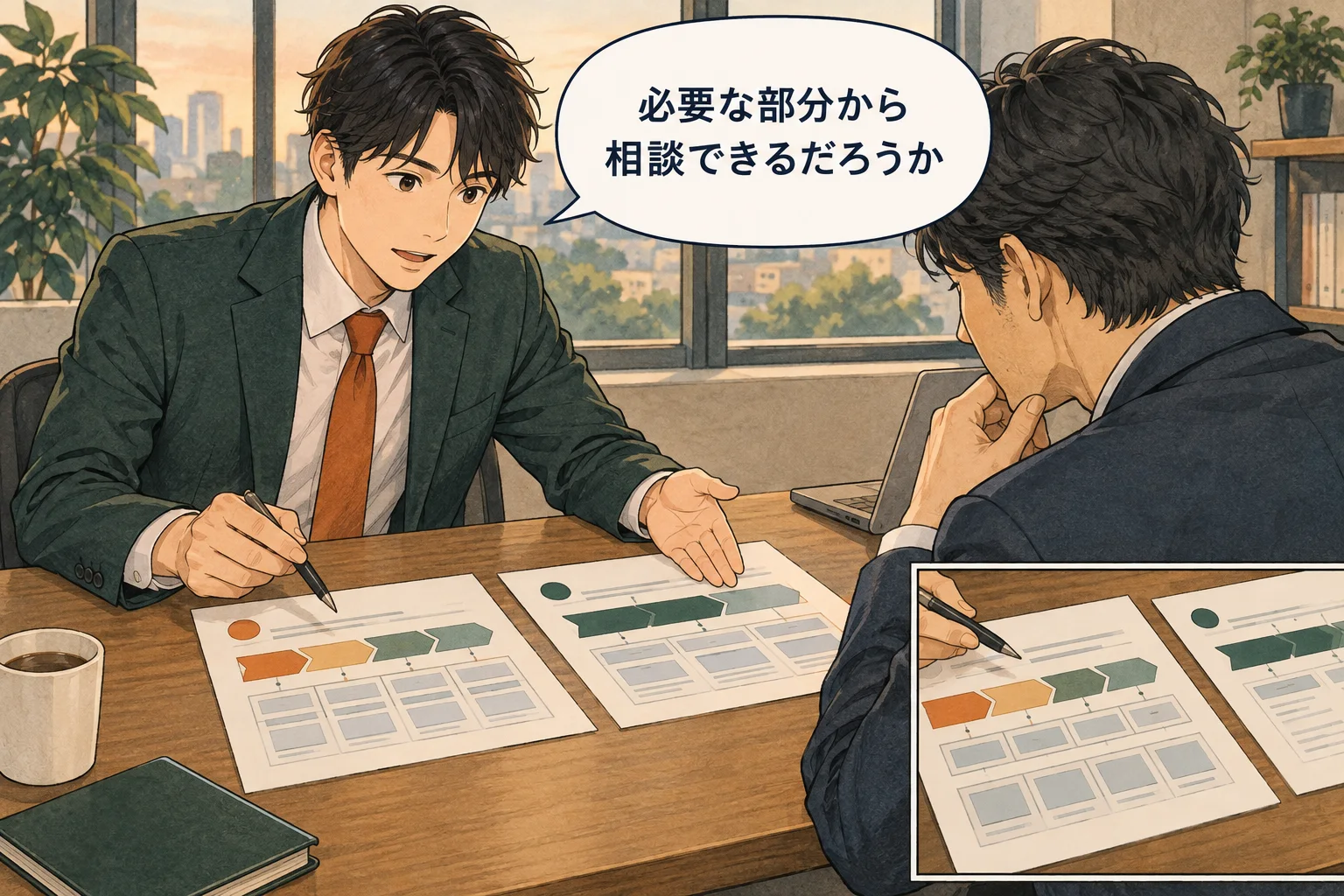 部分提出は、相手が利用できる状態と確認条件に合う場合に相談します。 架空の人物によるAI生成の解説漫画。