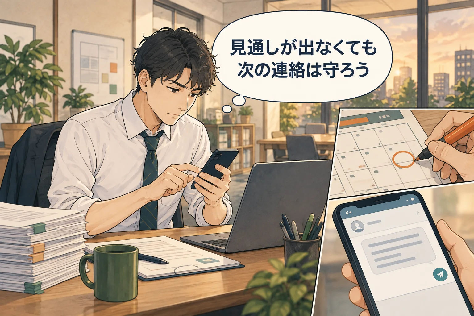 完成日の確約ができない場合も、状況を更新する時点を決めます。 架空の人物によるAI生成の解説漫画。